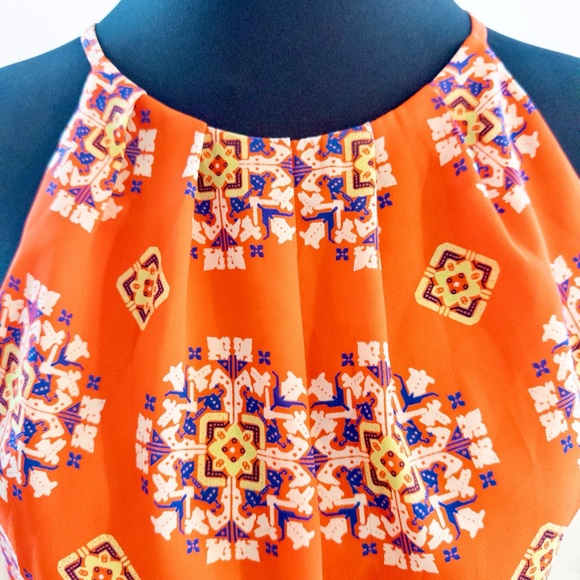 LUSH Orange Boho Halter Mini Dress – Medallion Print Open Back Festival S - Picture 3 of 8